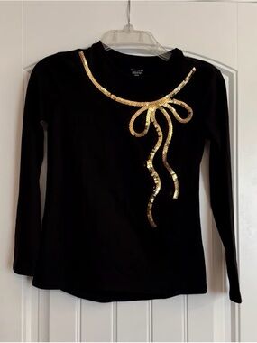 Girls Black Long-Sleeve Tee with Gold Sequin Bow Accent Sz XS (4/5)